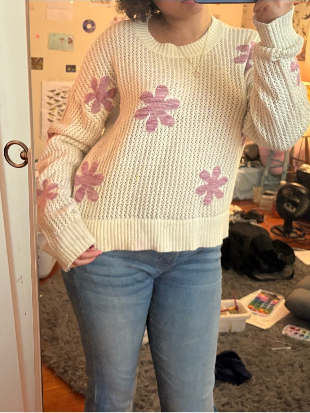 Crewneck Sweater with Pink Floral Appliqués - Cream